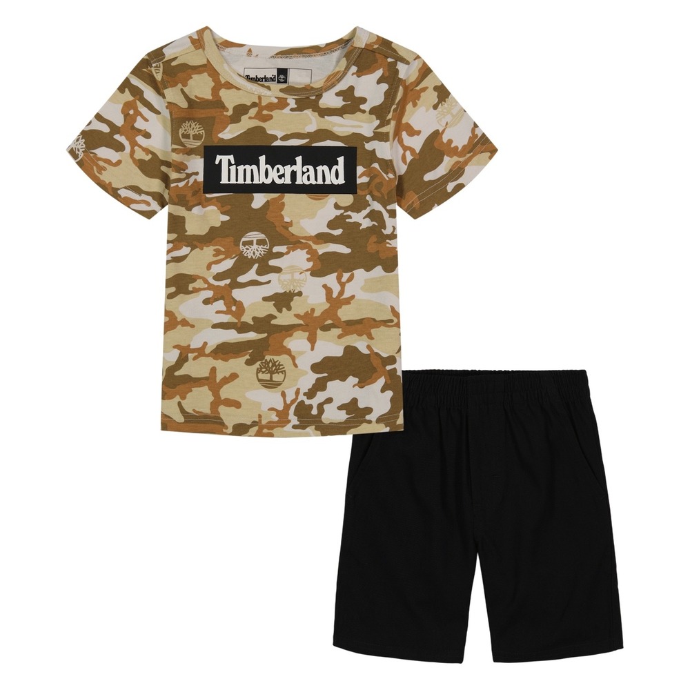 Timberland Boys Camo Short Sleeve Logo T-shirt and Twill Shorts Set 2 Pc - Brown